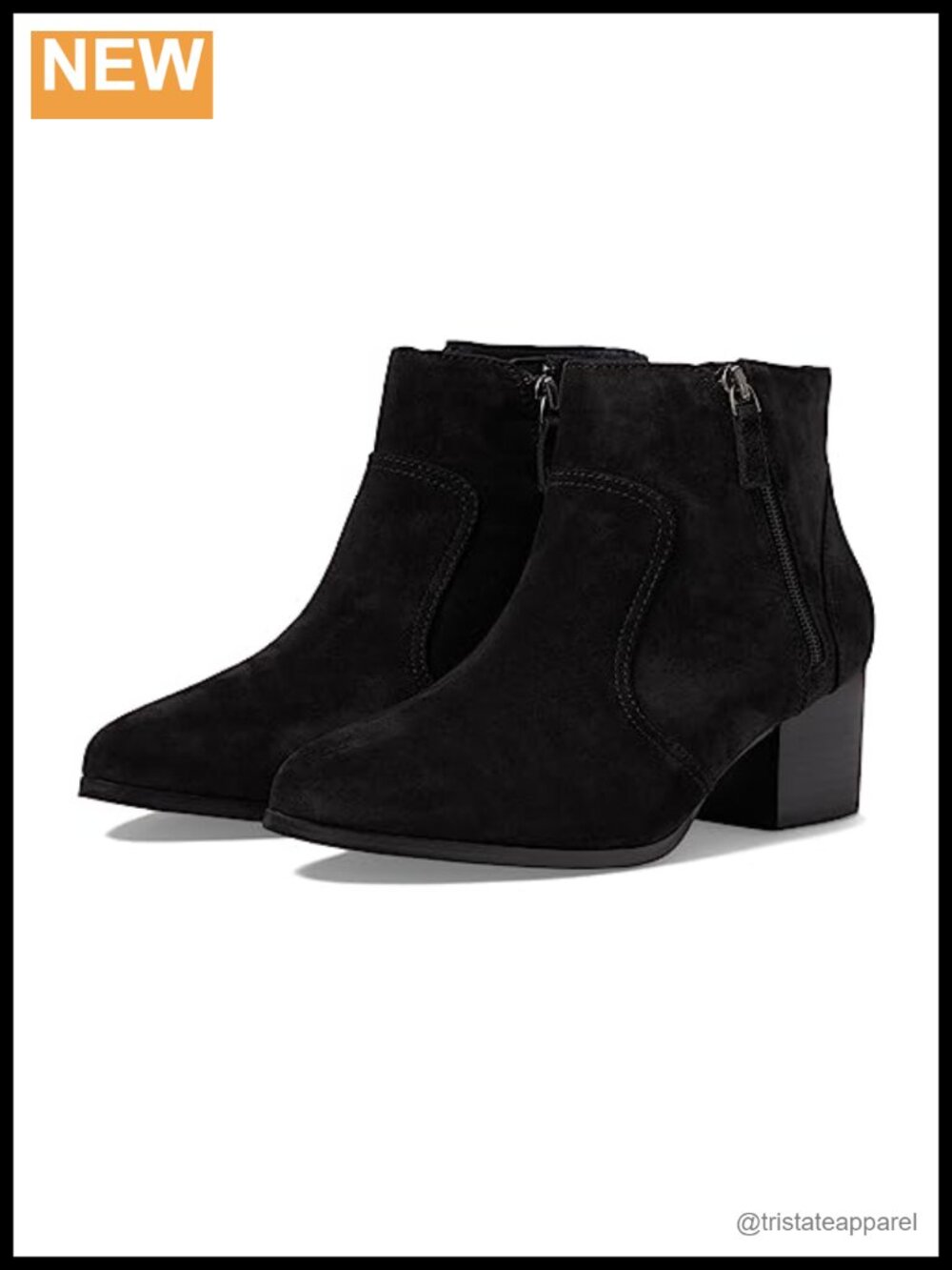 Double Zip Leather Ankle Bootie Suede Pointed Toe Stacked Heel